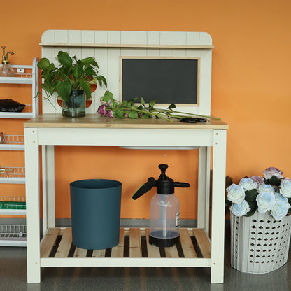 Potting Bench Table Cedar Wood Garden Workstation with Blackboard Removable Sink Hooks Double Shelf for Patio Balcony Courtyard Outdoor Planting Work Bench