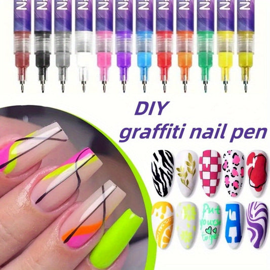 Metal Rod Nylon Brush Nail Art Pen Set 12 Colors - Acrylic Paint Pens for 3D Doodle Dot & Stitching Nail Design, Quick-Dry Long-Lasting Detail Tools for Home & Salon, Beginner Gift