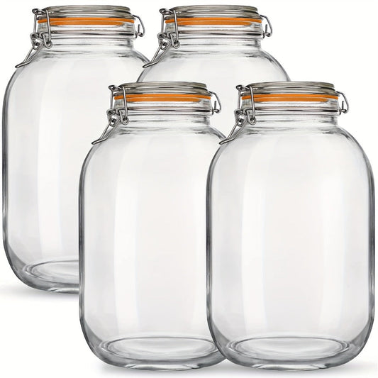 1 Gallon Glass Mason Jars with Hinged Airtight Lids 4 Pack - Wide Mouth Rectangular Freezer Safe Containers with Silicone Gaskets for Fermenting Canning Preserving Pantry and Kitchen Storage