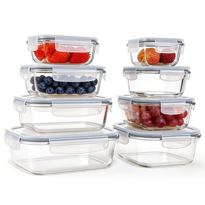 Sixteen-Piece Glass Food Storage Set with Eight Bowls and Eight Lids in Four Color Configurations