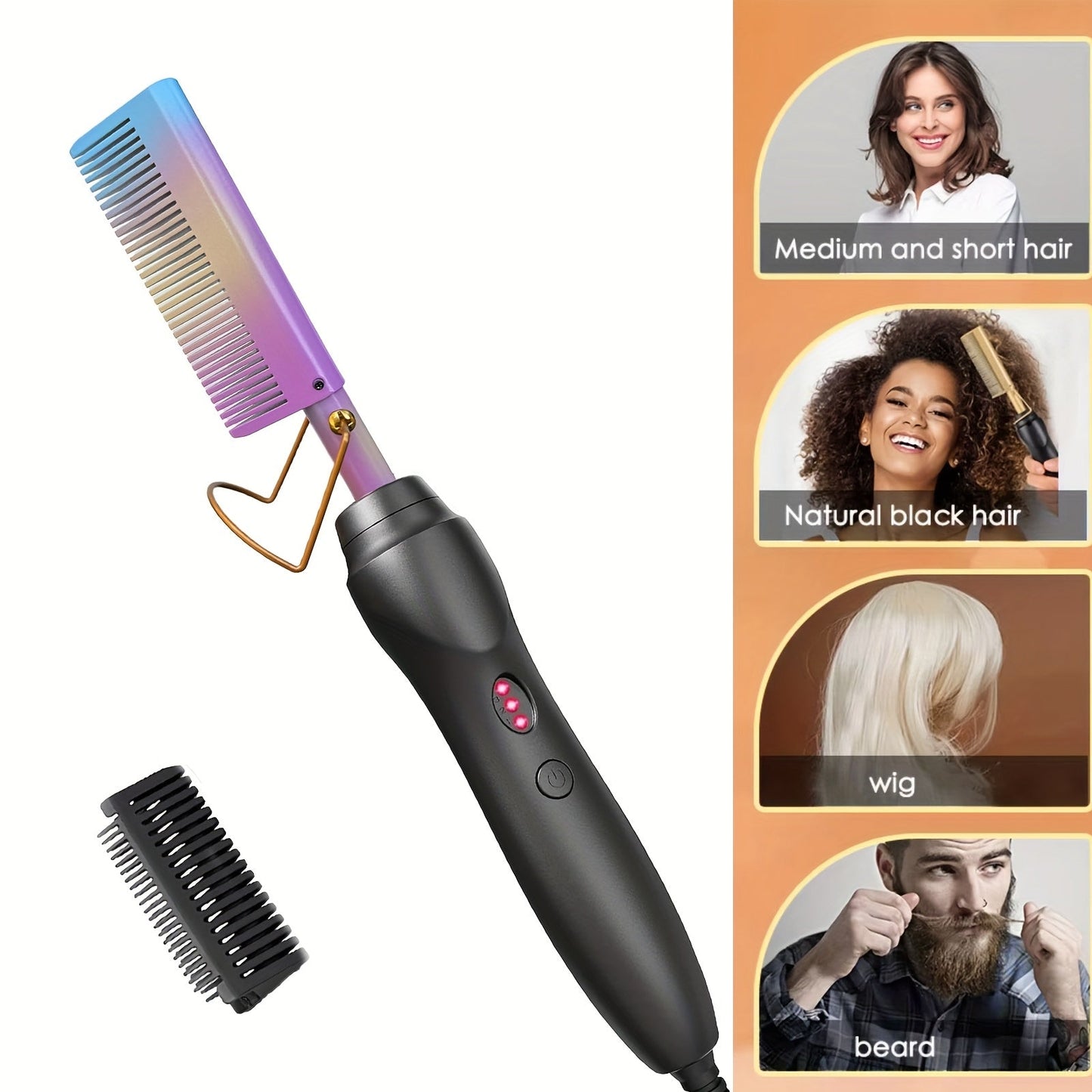 Electric Hot Comb Hair Straightener – 3-in-1 Ceramic Pressing Comb for Natural Hair, Beard & Wigs, Curling & Straightening Iron with Protective Holder, Bonus 2 Clips & 1 Comb, Gift Ready