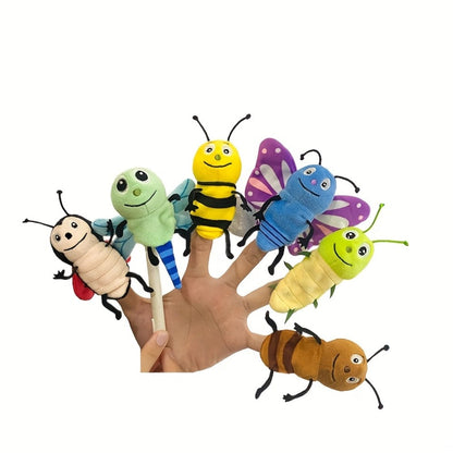 Six-Piece Insect Finger Puppet Set with Six Colorful Bug Designs for Storytelling and Pretend Play