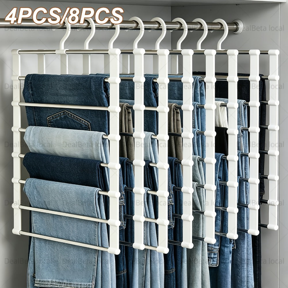 Foldable Multi-Layer Pants Hangers in Four- or Eight-Piece White Sets for Jeans, Scarves and Trousers