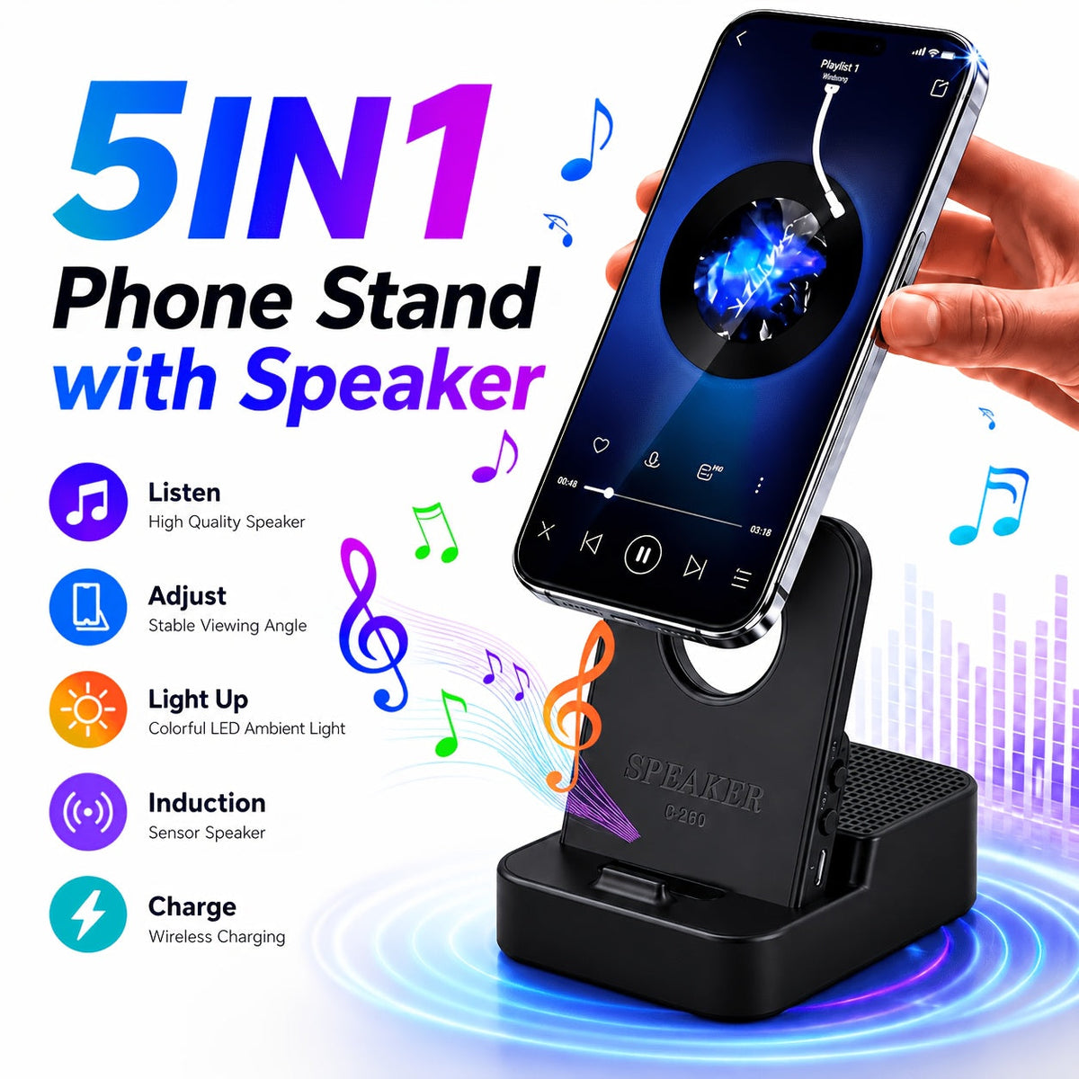 Magnetic Wireless Speaker Stand with Emergency Charging, 360° Adjustable Foldable Phone Holder, Portable Bluetooth Speaker