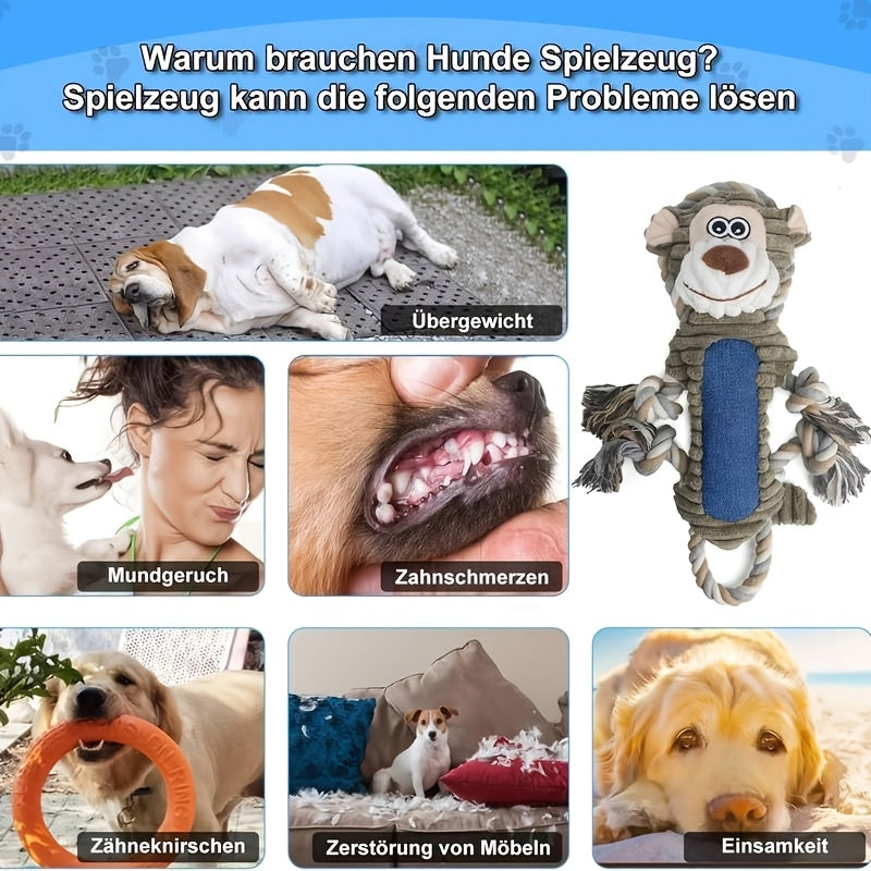 Squeaky Plush Dog Toys - Interactive Stuffed Animal Chew Toys with Built-in Squeaker & Pull Rope, Soft Durable Dog Toys for Small Medium Large Dogs, Cute Puppy Toys Gift Set (Monkey, Chinchilla, Squirrel, Cotton Rope)