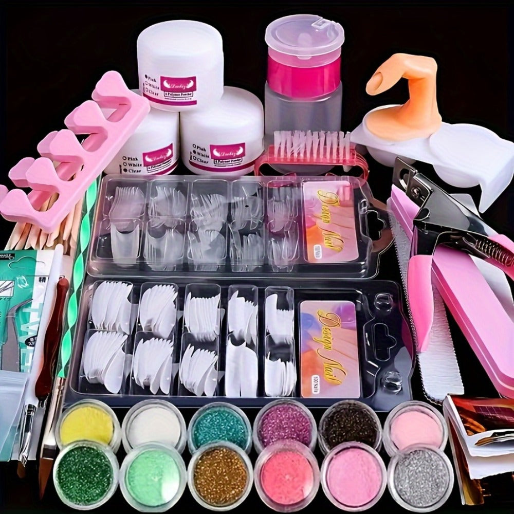 Acrylic Nail Kit with 12 Glitter Colors, Clear Pink White Powders, Liquid Monomer, Tips and Application Tools