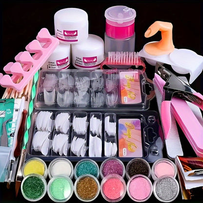 Acrylic Nail Kit with 12 Glitter Colors, Clear Pink White Powders, Liquid Monomer, Tips and Application Tools
