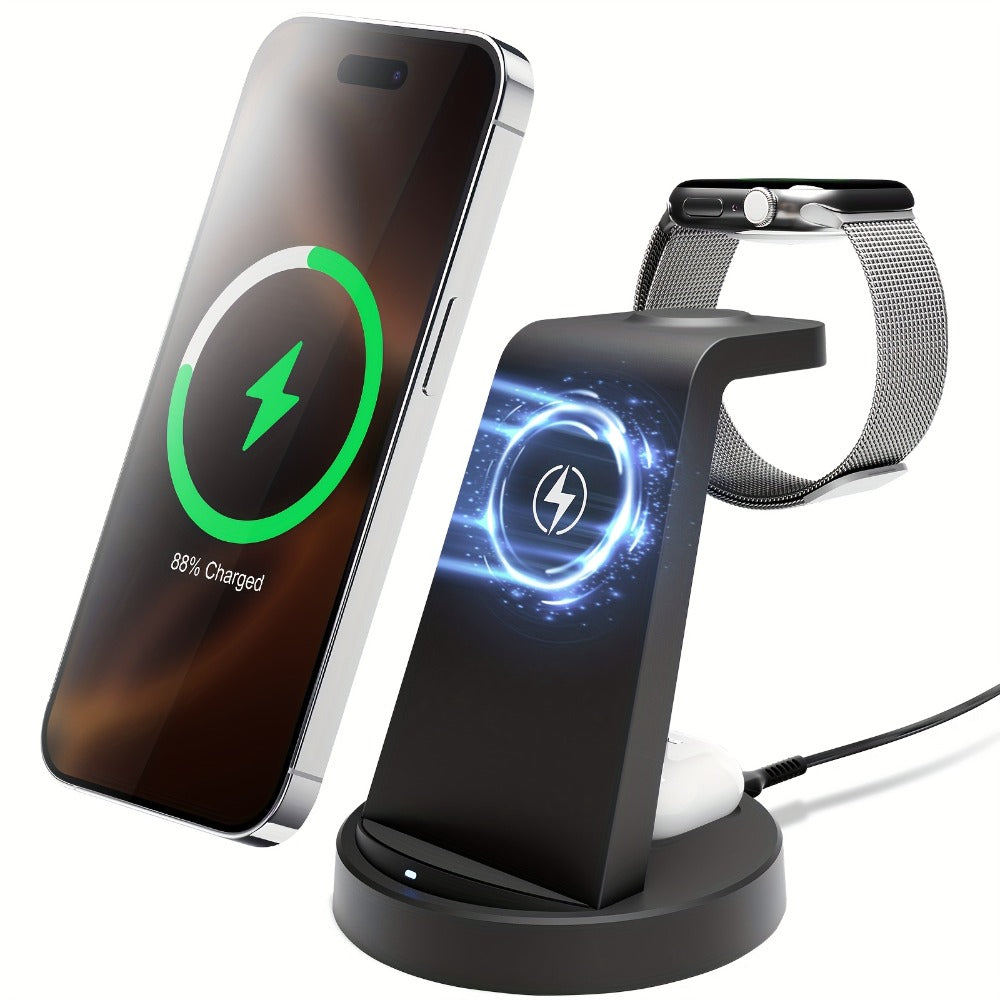 3-in-1 Wireless Charging Dock Multi-Color Fast Charge for iPhone 17 16 15 14 13 12 11 Pro Max, Apple Watch Ultra 2 Series 10 9 8 7 6 SE, AirPods 4 3 2 Pro & Samsung Galaxy – Black Blue Pink U1 U2