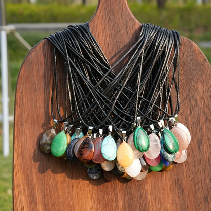 Forty-Piece Multicolor Teardrop Pendant Necklace Set with 20 Faux Crystal Charms and 20 Black Cords