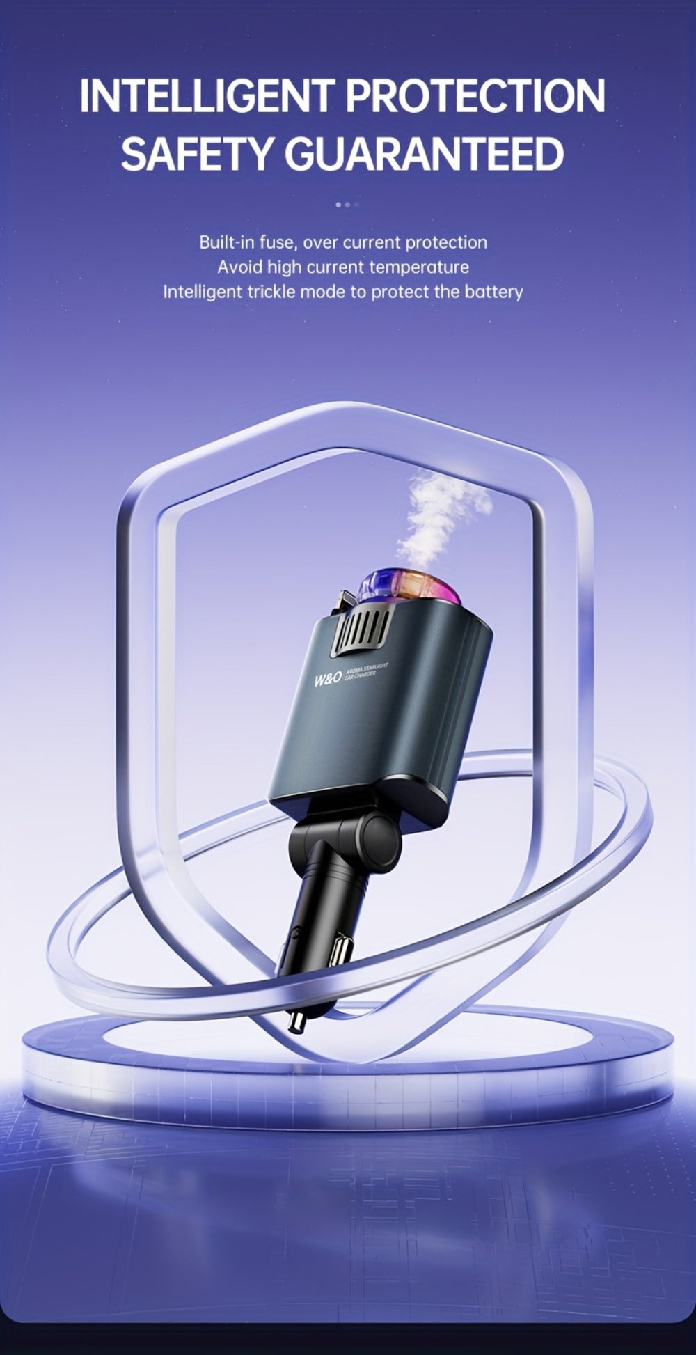 3-in-1 Car Charger, Air Freshener & Starry Sky Ceiling Light – Retractable Type-C & Lightning Cable, Aromatherapy Perfume, Purple Ambient Light, for iPhone & Android