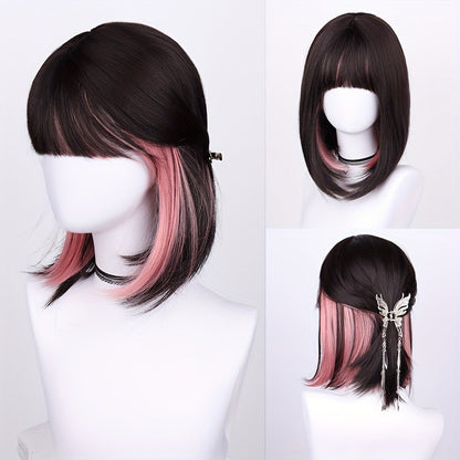 Synthetic Wig 16-Inch Straight Ombre Bob with Bangs, 150% Density and Rose Net Cap for Festivals