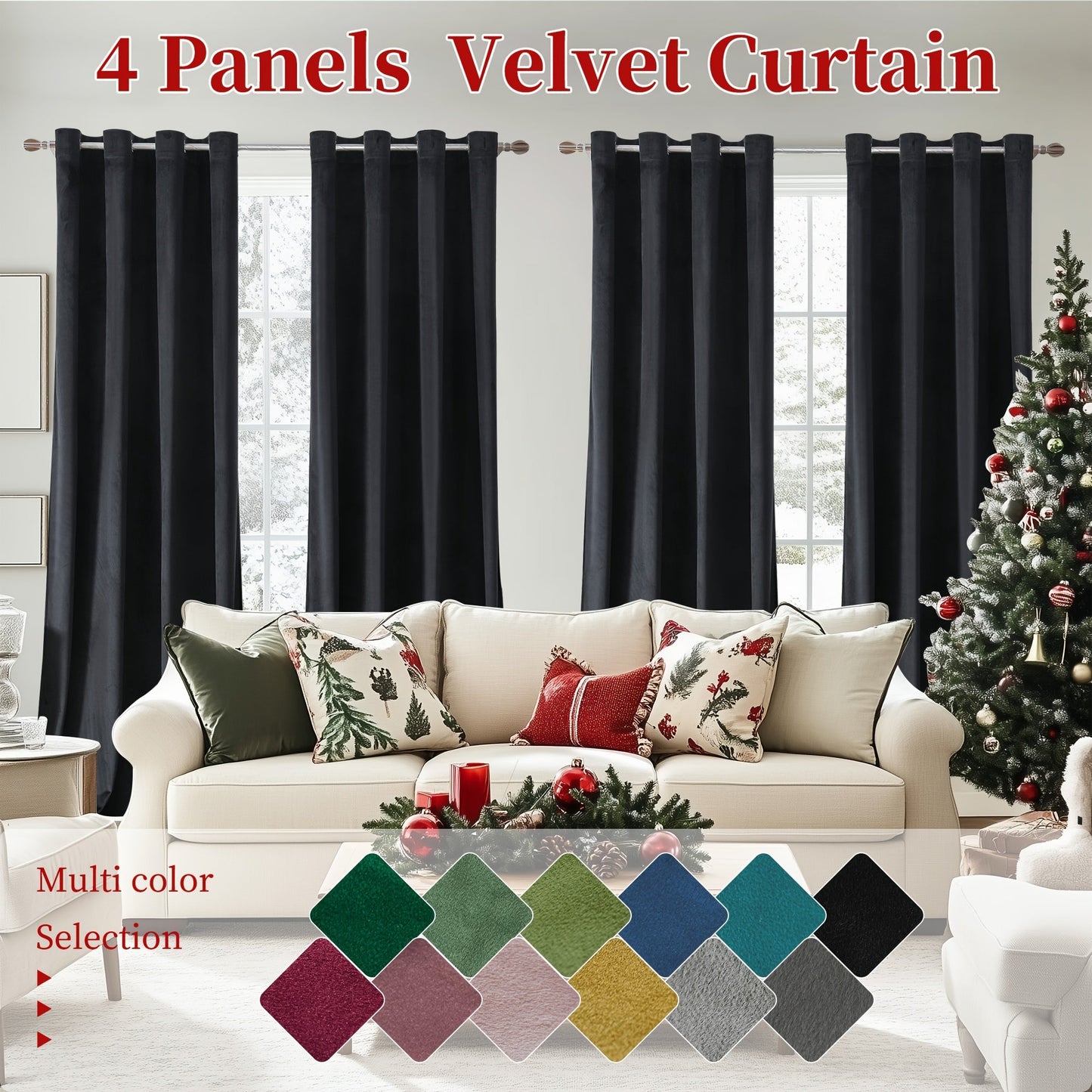 Four-Panel Velvet Blackout Curtain Set with 12 Colors, 10 Sizes and 1.6-Inch Grommet Openings