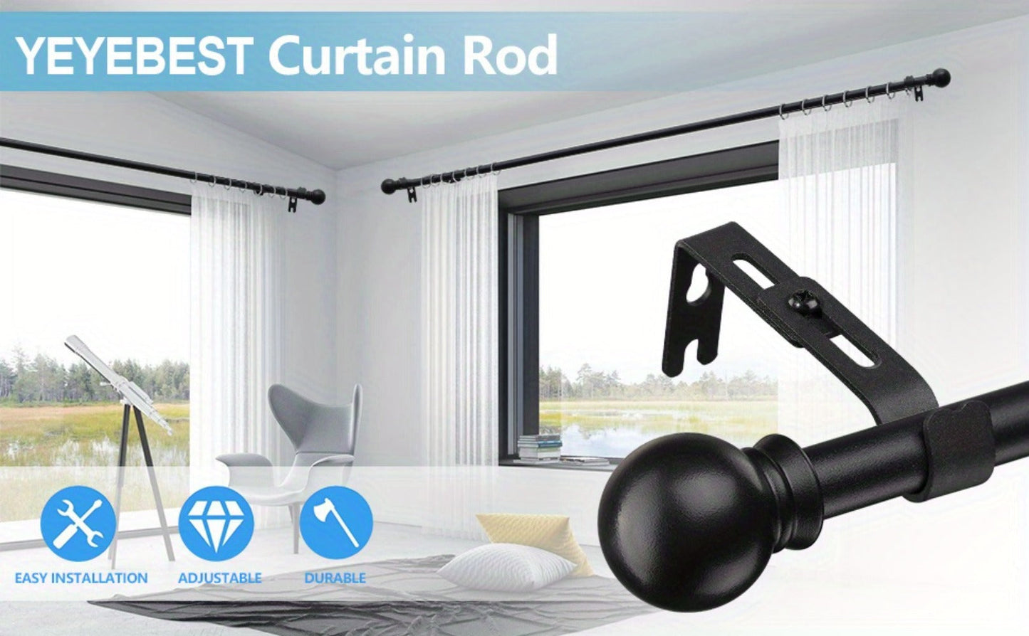 Curtain Rods 2 Pack Matte Black Adjustable 28 to 95 Inch | 5/8 Inch Stainless Steel Extra Long Window Curtain Rod Set for Living Room Bedroom Bathroom Kitchen | Multiple Sizes Available