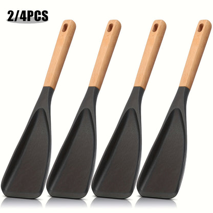 Silicone Kitchen Utensil Set 2/4 Pcs – 12-Inch Wood Handle Cooking Tools with Stay-Cool Grip for Frying, Baking, Mixing & Serving, Non-Stick Cookware Safe Spatula & Spoon Kit