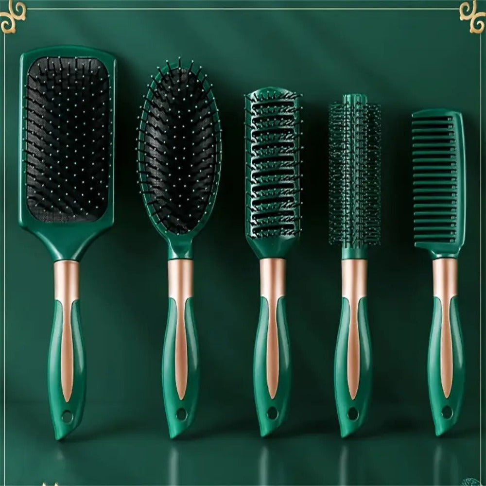 Hair Accessories Five-Piece Green Brush and Comb Set with Cushion Brush, Pick and Styling Tools