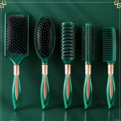 Hair Accessories Five-Piece Green Brush and Comb Set with Cushion Brush, Pick and Styling Tools