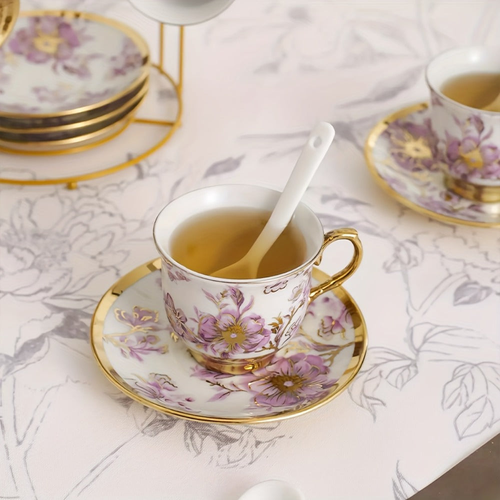 Twenty-Piece Floral Ceramic Tea Set with 15-Ounce Teapot, Six Cups, Saucers, Spoons and Metal Rack