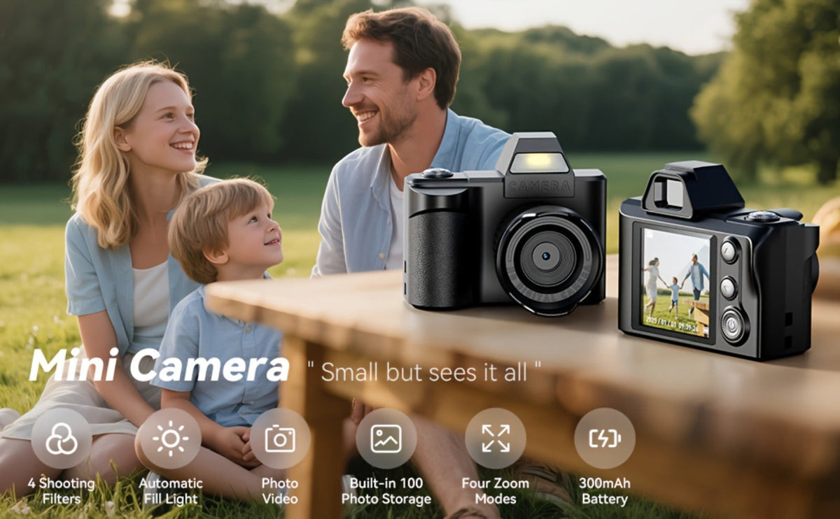 Mini Pocket Camera Retro Vintage Thumb Size with LED Flash, Multiple Filters & 64GB Memory Card