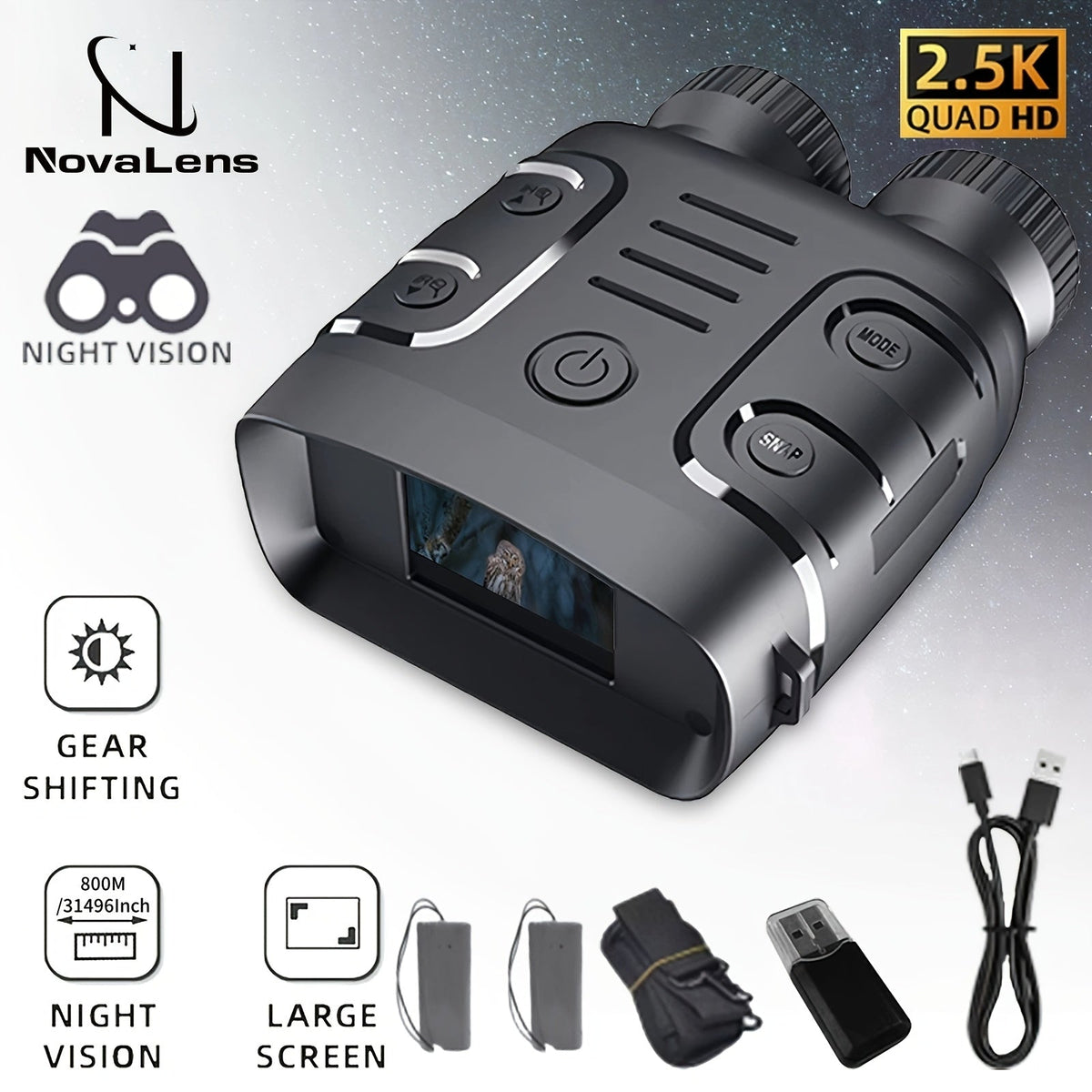 Compact Digital Night Vision Binoculars in Green, Black or Yellow with 2.4-Inch Screen, 10X Zoom and Seven IR Levels