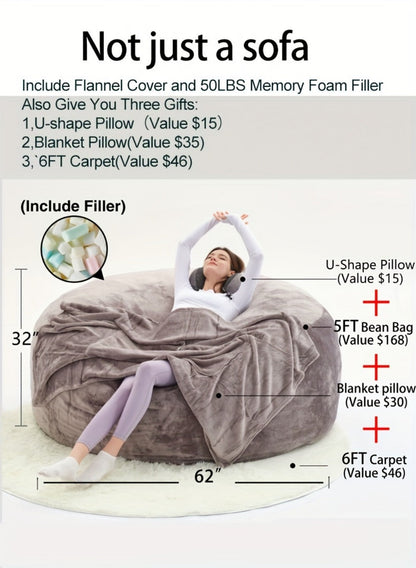 6-Foot Round Bean Bag Chair with Washable Cover, Floor Lounge Chair for Living Room detail image - detail view 10