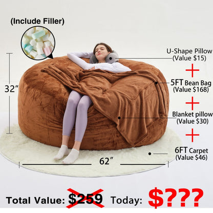 6-Foot Round Bean Bag Chair with Washable Cover, Floor Lounge Chair for Living Room detail image - detail view 4