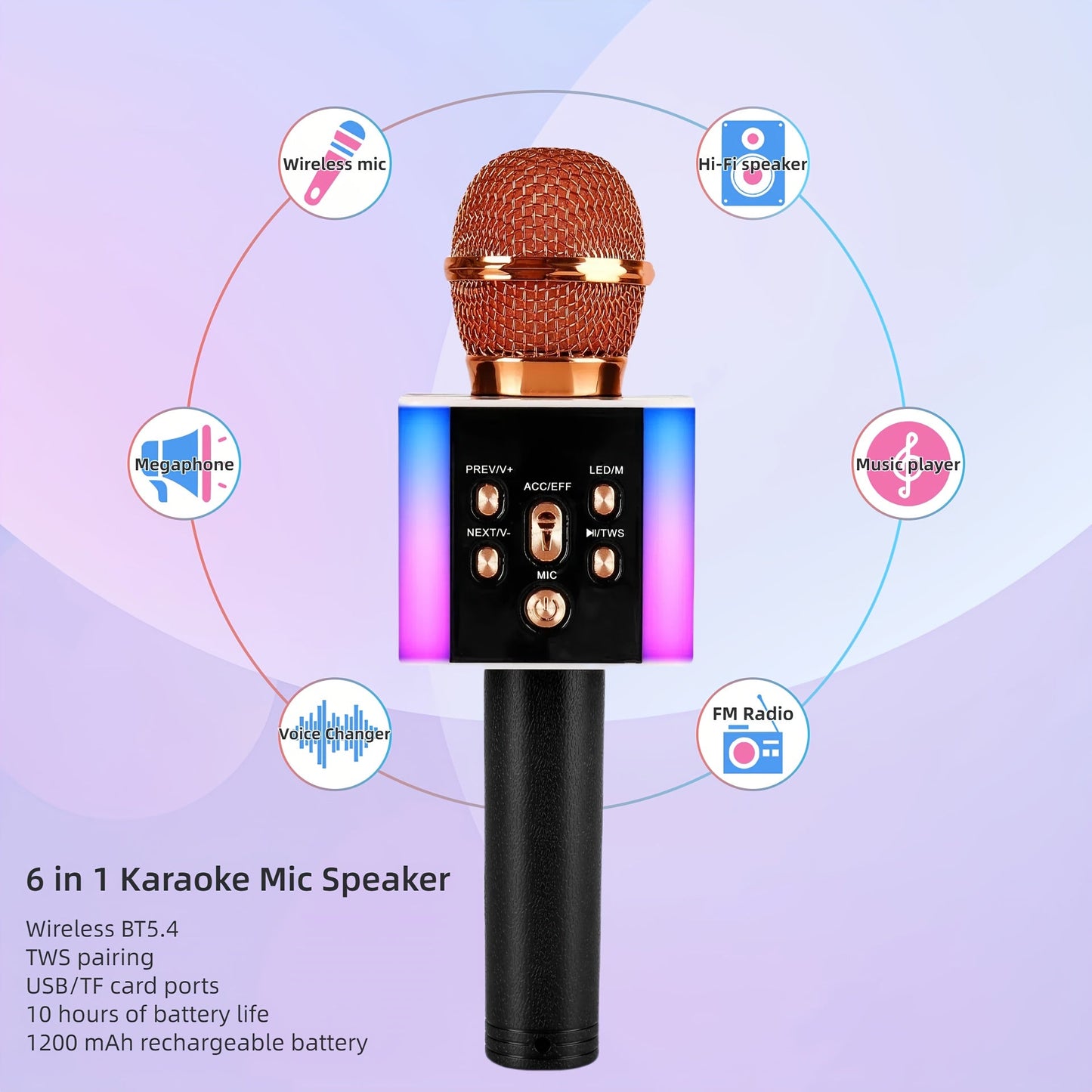 6-in-1 Wireless Karaoke Microphone Speaker with LED Lights and TWS shown in the Rose Golden option