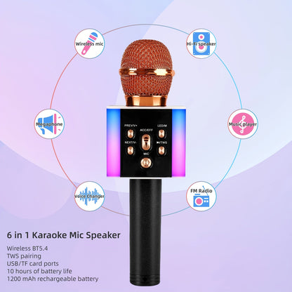 6-in-1 Wireless Karaoke Microphone Speaker with LED Lights and TWS shown in the Rose Golden option
