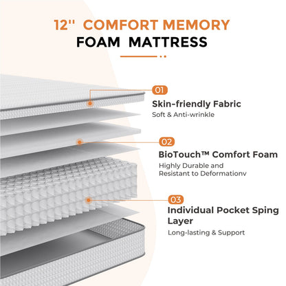 Mattress Pocket-Spring Hybrid with Pillow Top in 6- to 14-Inch Profiles and Six Size Families