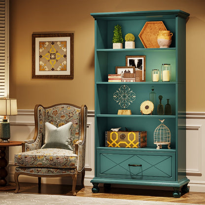 6-Shelf Tall Bookcase with Solid Wood Construction and Storage Drawers detail image