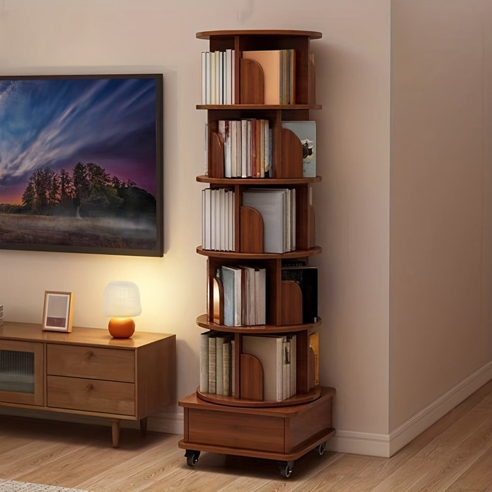Bookshelf, 360 Rotating 6 Tier Corner Bookcase with Wheels Narrow Wood Storage Rack shown in the main product view
