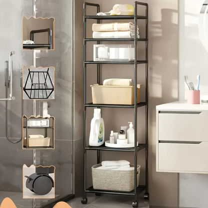 6-Tier Metal Storage Rack with Rolling Wheels and Adjustable Height detail image