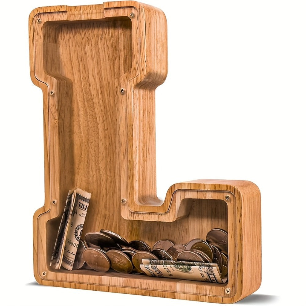 Wooden Alphabet Letter Coin Bank with Clear Front Panel and 23 Fixed Initial Options for Display