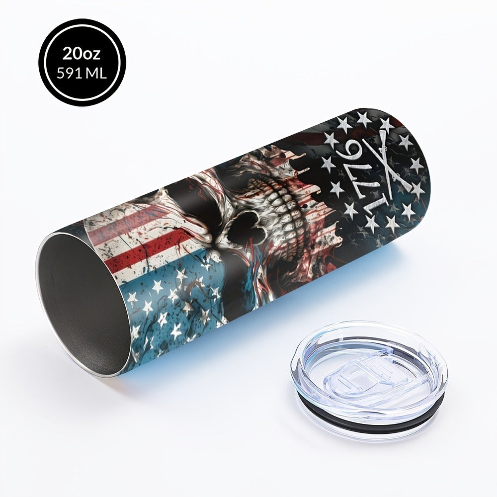 Insulated Tumbler 20oz Patriotic Skull Graphic in Blue with Stainless Steel, Lid and Straw