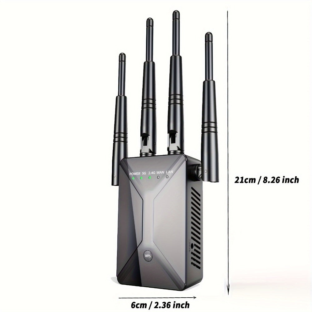 WiFi Range Extender 1200Mbps Dual-Band 2.4/5.8GHz with Four Antennas and Ethernet Port in Black