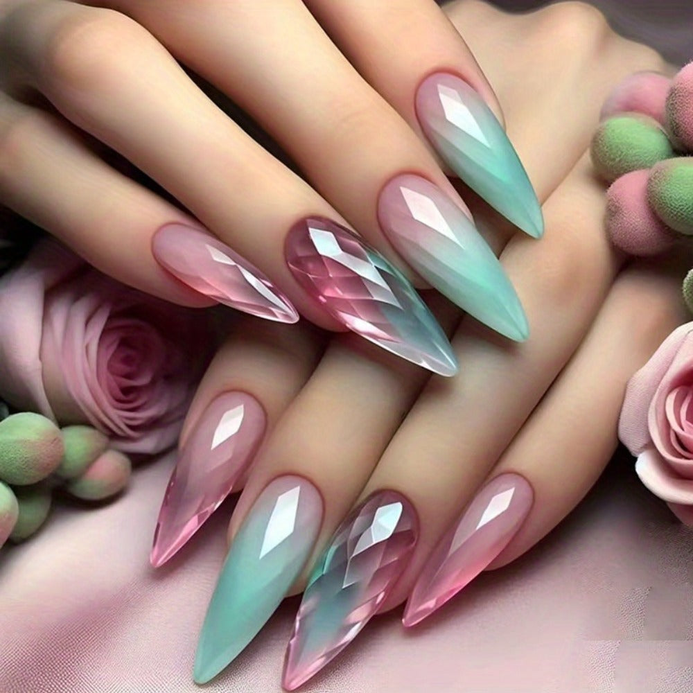 Holographic Nails 120 Pieces 5 Packs Medium Almond Press On Nails Gradient Iridescent – Mixed Color Orange Tones Full Cover Fake Nails Kit with Jelly Glue & Nail File for Women Girls
