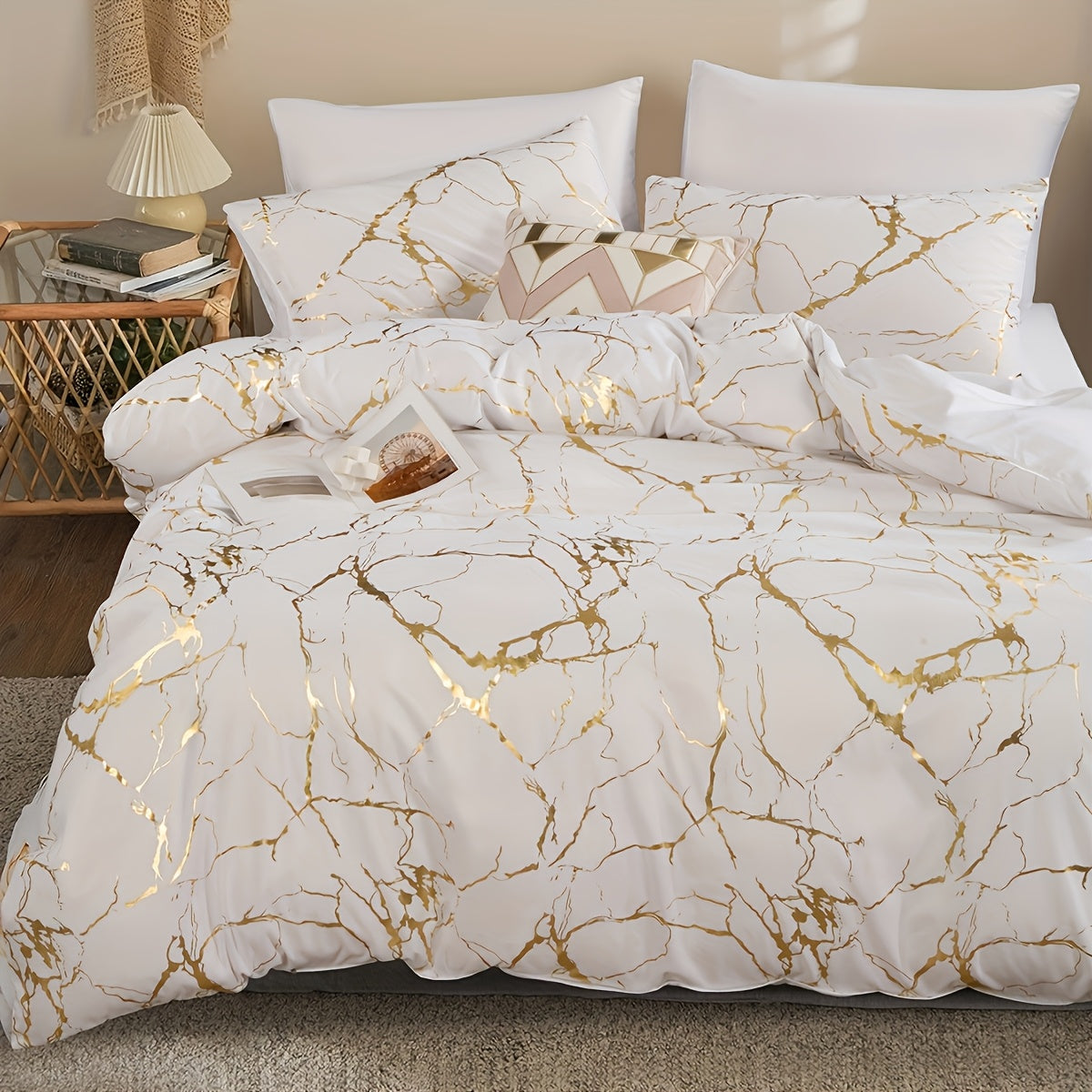 3-Piece Duvet Cover Set with Bronzed-Look Marble Vein Print in White, Khaki or Black and Four Sizes