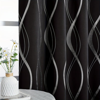 Two-Panel Wave-Line Foil Print Blackout Curtains in 10 Colors with 42- or 52-Inch Width Options
