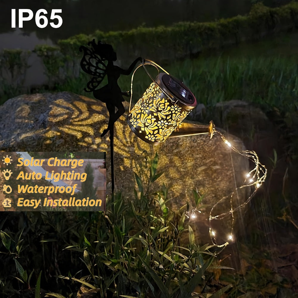 Solar Garden Light Watering Can Stake with 36 LED Waterfall Strands, IP65 Rating and Two Light Options