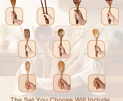 Wooden Kitchen Utensils Set 3/5/7Pcs – Natural Wood Spoons, Spurtle, Ladle & Wok Spatulas for Non-Stick Pans | Heat Resistant, Ergonomic Handle, Easy to Clean