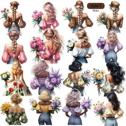 Floral Girl Journaling Sticker Set with 16 Cut-Out Designs in Style 1 or Style 2 for Planners and Scrapbooks
