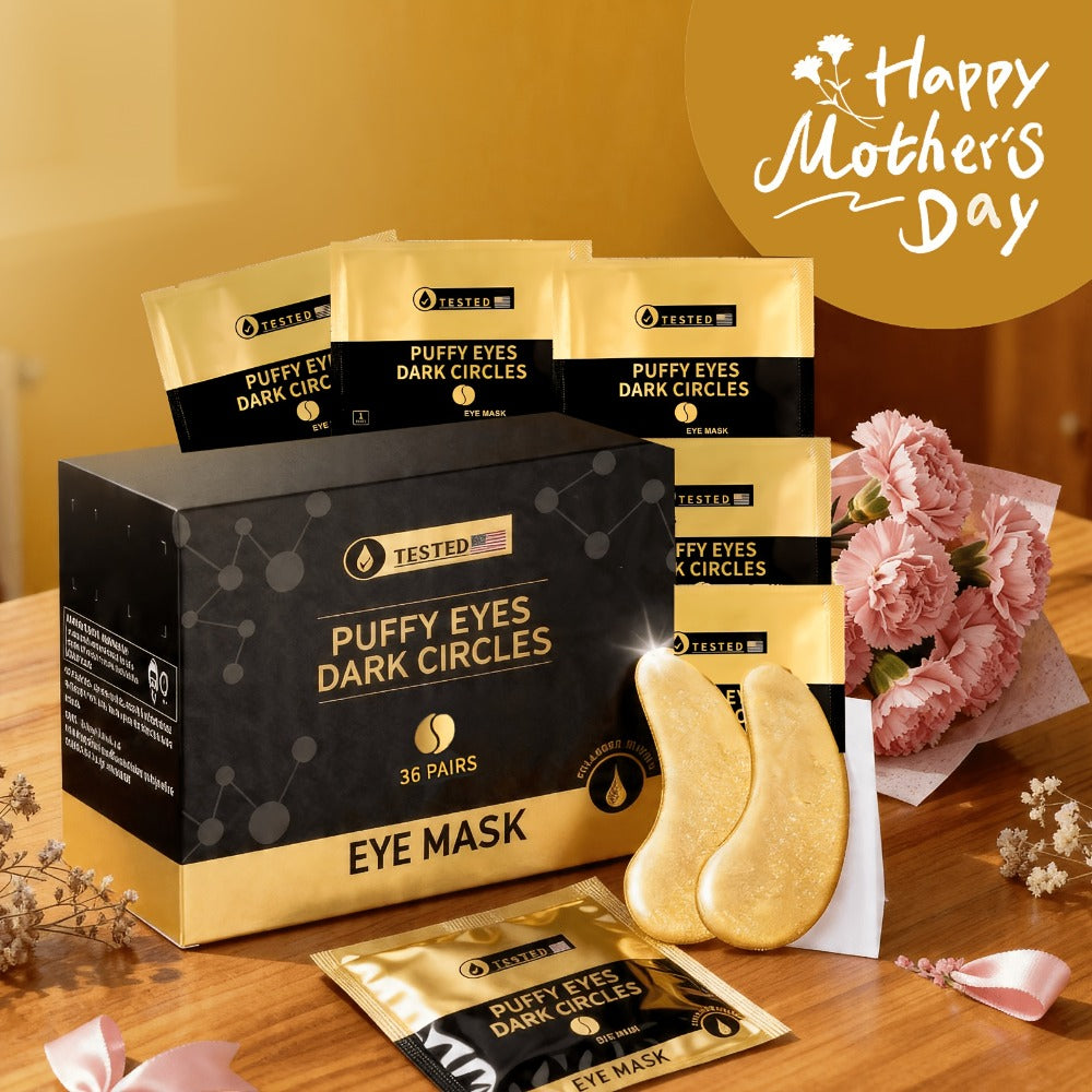 36-Pair Gold-Tone Under-Eye Patch Box with Individual Packs and Collagen, Glycerin and Hyaluronic Acid Wording