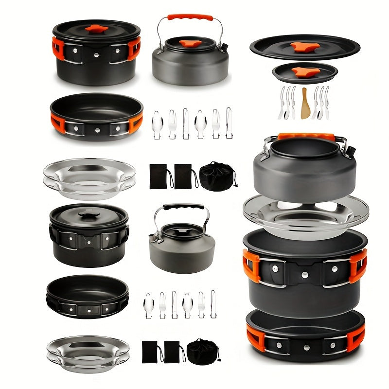 Camping Cookware Set, Aluminum Pot, Frying Pan and Kettle Kit with Folding Handles, Cutlery and Carry Bag