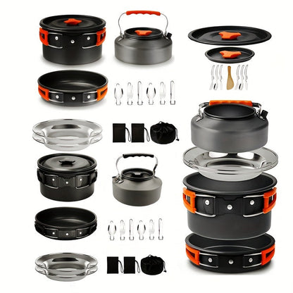 Camping Cookware Set, Aluminum Pot, Frying Pan and Kettle Kit with Folding Handles, Cutlery and Carry Bag