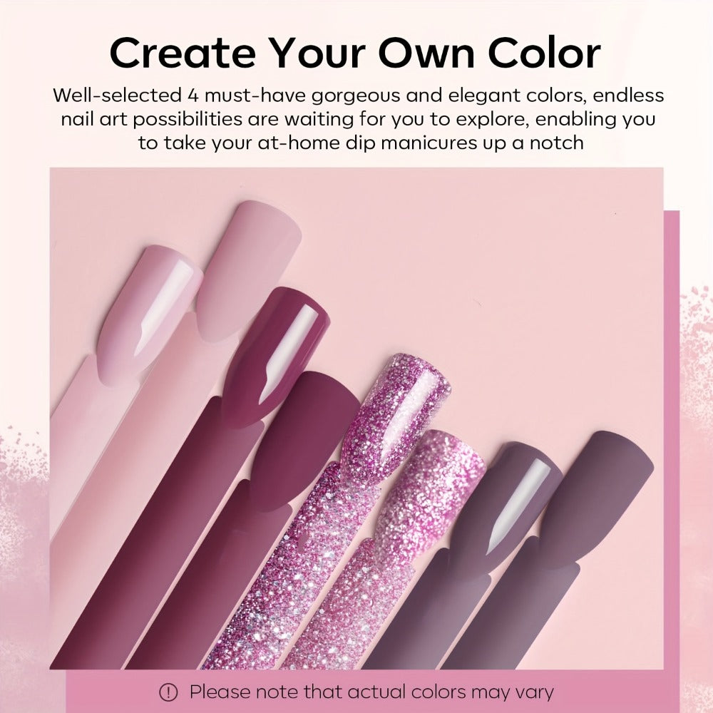 Nude Pink Glitter Dip Powder Kit 4 Colors with Base Coat Top Coat & Activator — All-in-One Beginner Starter Set for French Nail Art Salon & Home Manicure