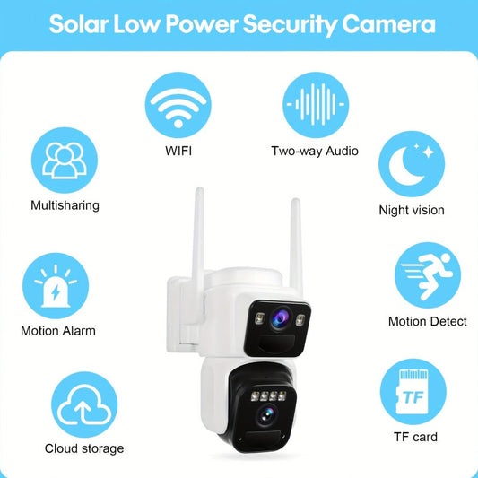Dual Lens Solar Security Camera Outdoor Wireless WiFi Battery Powered with Color Night Vision, PIR Motion Detection, Two-Way Audio, Spotlight Alarm & 256GB TF Card Support – Wire-Free CCTV Surveillance