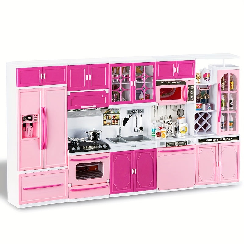 64-Piece Pink Pretend Kitchen Play Set with Light and Sound Features in a 58 x 42.5cm Mini Format