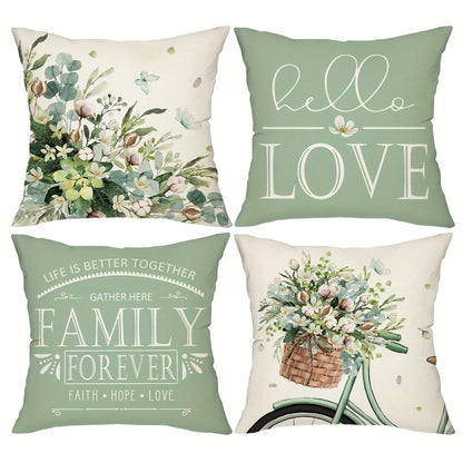 Farmhouse Eucalyptus Leaves Throw Pillow Covers 4 Pack Floral Bicycle Spring Summer Seasonal Decor Cushion Covers 18x18 Inch Rustic Holiday Pillowcases for Sofa Couch Porch Patio Living Room Outdoor