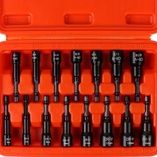Magnetic Nut Driver Set 15-Piece 1/4" Hex Shank – SAE 1/4" to 9/16" & Metric 6-14mm Chrome Vanadium Steel Impact Nut Drivers