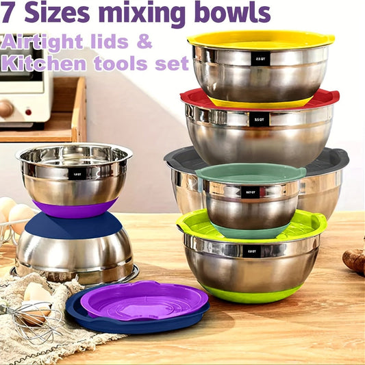Stainless Steel Mixing Bowls with Airtight Lids 20-Piece Set – Non-Slip Silicone Bottom, Nesting Bowls in 7 Sizes (0.67–7 QT) for Mixing, Baking & Serving – Kitchen Bowl Set with Lids