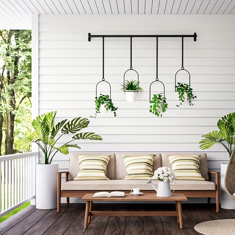 Adjustable Black Metal Hanging Plant Rack with Four Pot Holders for Wall or Window Display